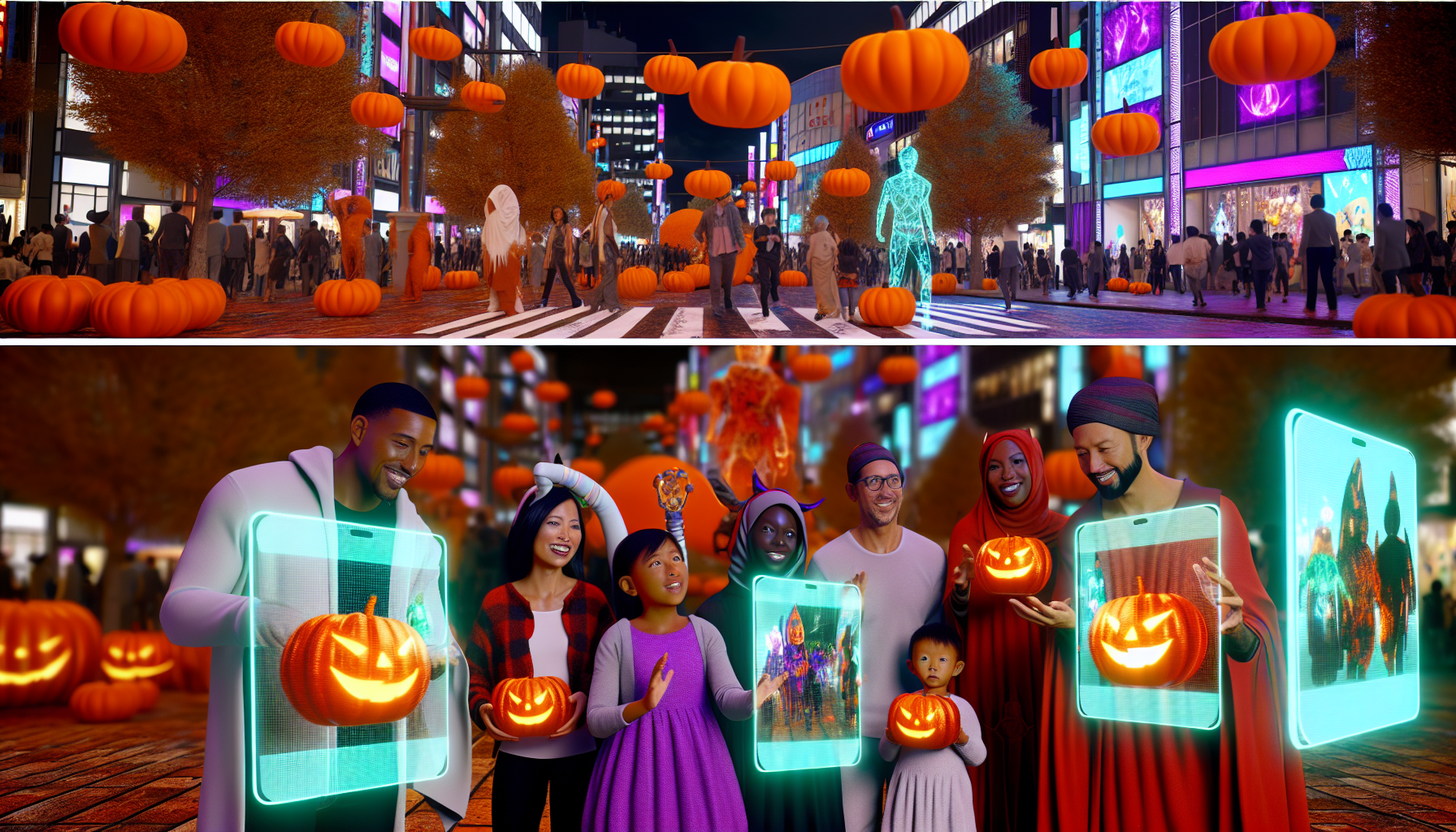 2025年ハロウィン最新事例を表す、AR技術やサステナブルな装飾を楽しむ多様な人々の写真