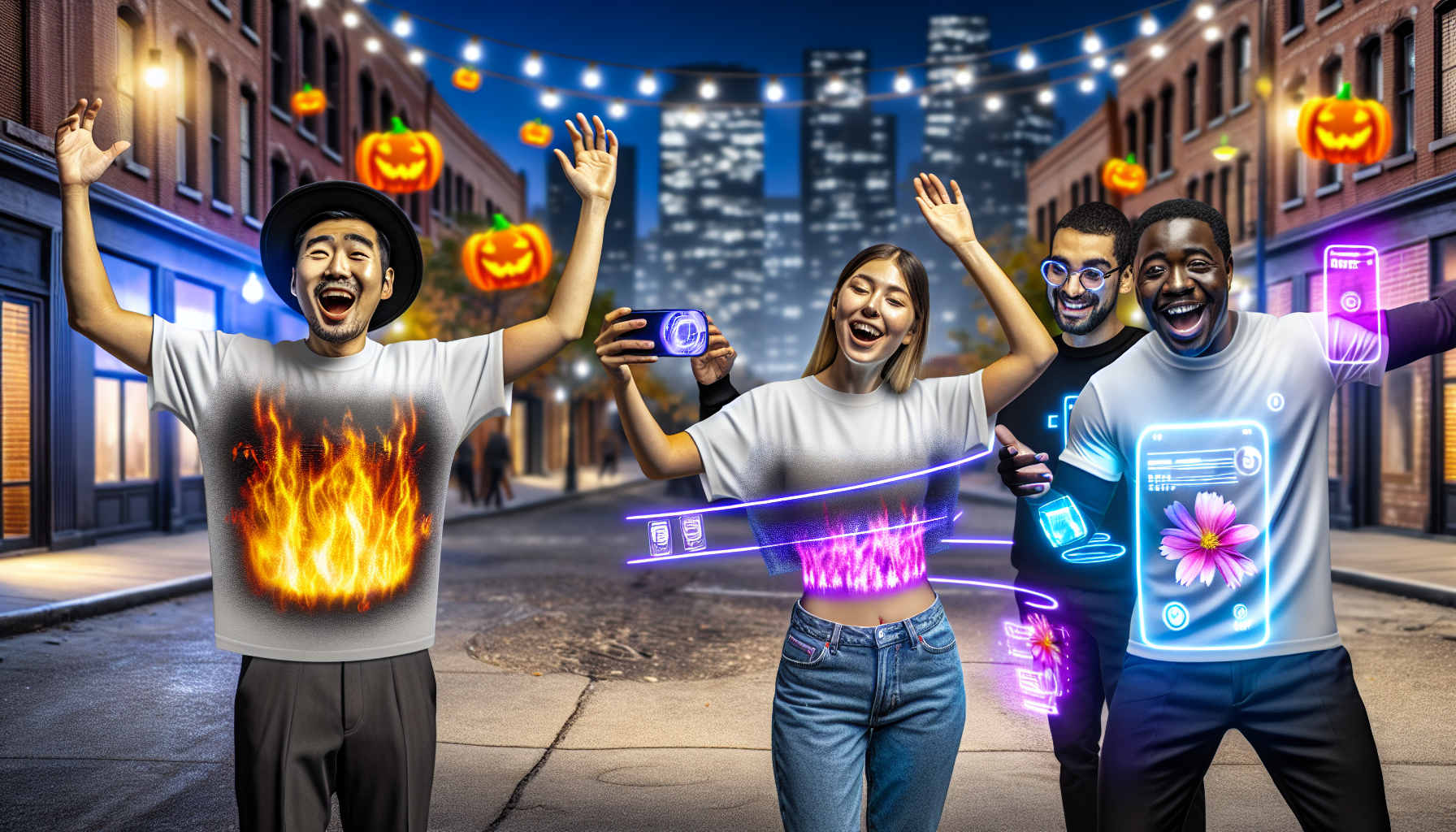 2025年のハロウィンパーティーでAI技術を搭載したスマートTシャツやウェアラブルデバイスを身につけ、感情に反応する視覚効果を楽しむ多様な人々